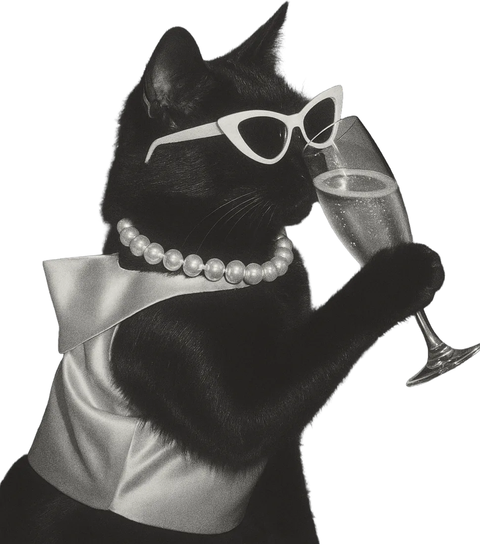 Vedeta paginii: pisică neagră cu ochelari cat-eye albi, perle, top de satin și un pahar de șampanie