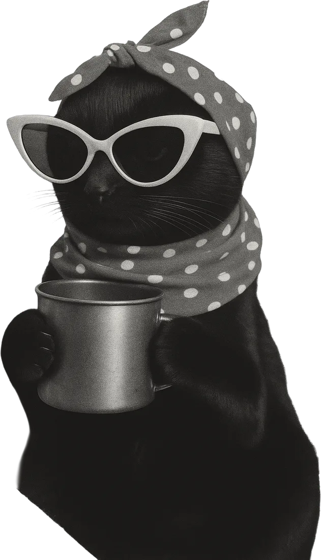Pisică neagră cu basma cu buline și ochelari cat-eye, cu o cană în lăbuțe: pauză de ceai